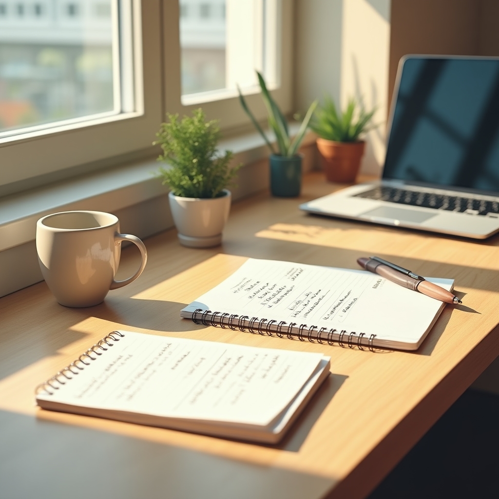Escritorio ordenado con portátil, cuaderno y taza durante una revisión de gastos recurrentes